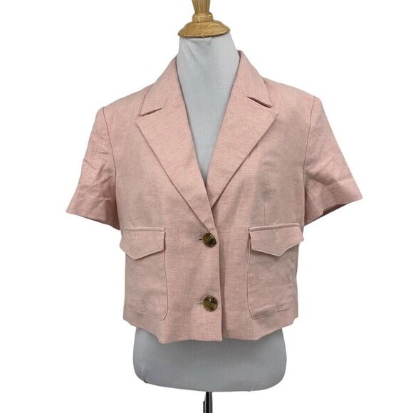 Banana Republic Blazer Womens 8P Petite Pink Linen Blend Herringbone Cropped - Picture 1 of 12